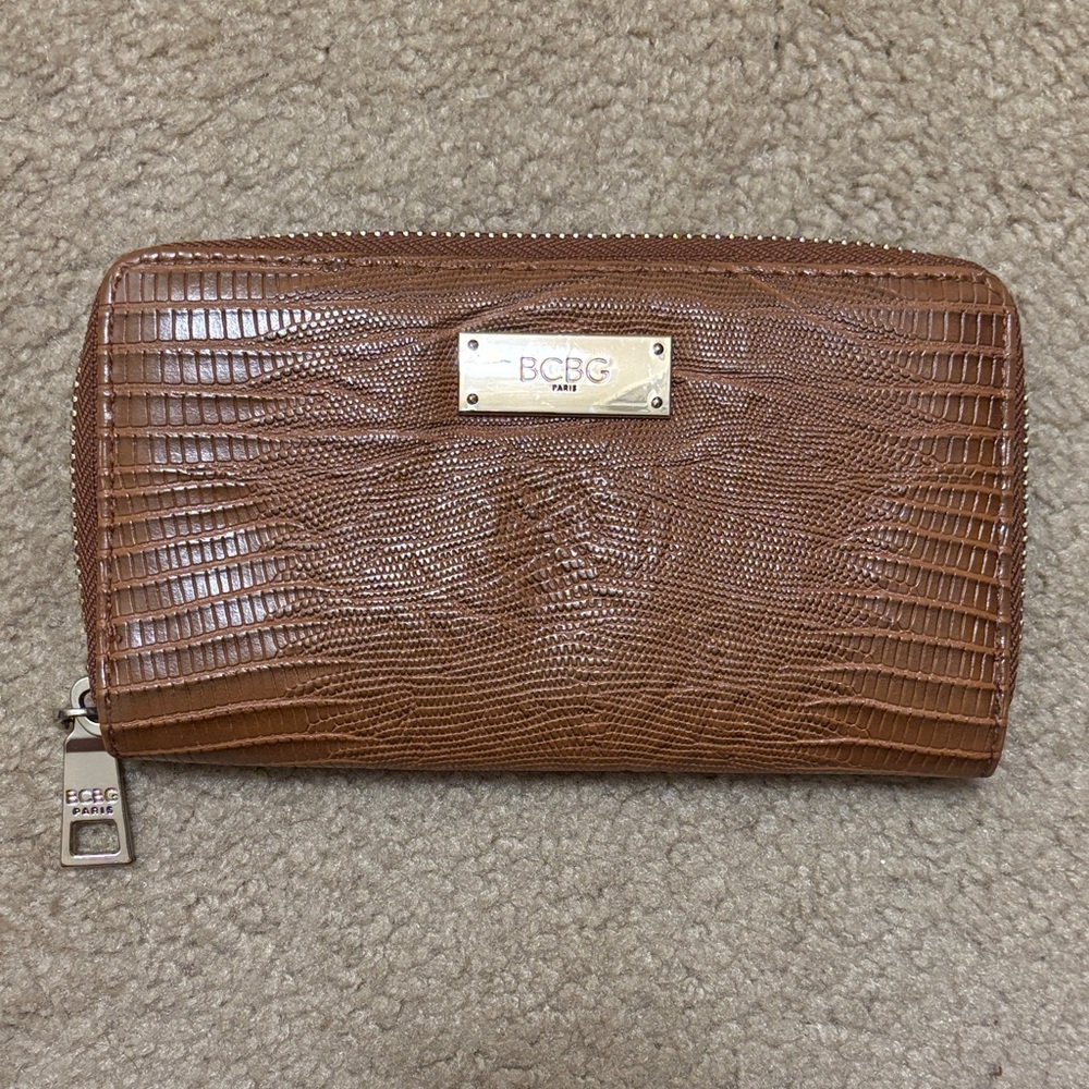 BCBG Brown Croc-Embossed Zip-Around Wallet with Gold Plate